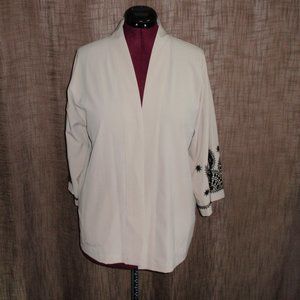 Linea Dell'Olio Open Front Tan Black Embroidery Cardigan Sz M 3/4 Sleeves
